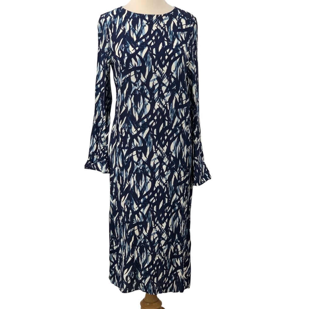 H&M Women's Long Sleeve Midi Dress Navy/White Abstract Print Keyhole Back Size 8